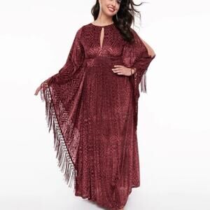 Unique Vintage Burgundy Fringe Flitter Sleeve Burnout Caftan XS NWT